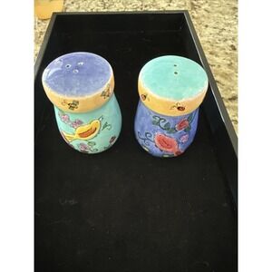 Sango Birds& the Bees Pink & Yellow Birds Blue Green Salt Pepper Shaker Set 4592